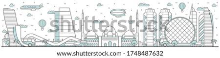 Abu Dhabi skyline. Line cityscape with building landmarks horizontal panorama. Abu Dhabi skyline with Sheikh Zayed Mosque street city sight. Capital city constructions outline, architecture concept