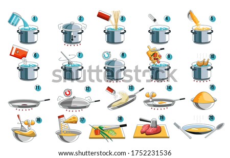 Cooking instruction. Cook icon guide for food menu design with kithcen symbol. Preparation instruction for boil and fry mix food from noodle and pasta to meat and vegetables. Cooking prepare step set.