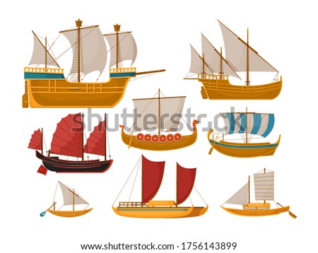 Sail boat vector. Isolated sailboat set with sea vessel and ocean ship side view. Vintage wooden sailing vessels, galleys, Galleons, rowing schooners on white backround. ストックフォト © 