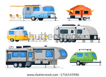 Camping trailers and rv car. Vector motorhome, camper caravan and house truck icon isolated on white background. Recreation vehicle with camping van side view. Travel car for outdoor vacation set