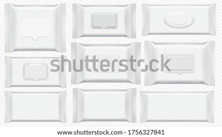 Wet wipes package. Antibacterial wipe plastic pack template isolated set. Blank white box top view for wet toilet tissue. Cosmetic foil bag mockup on tranparent background Foto stock © 