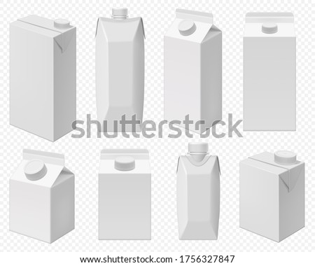 Milk and juice pack. Realistic carton package isolated, white box template for dairy product. Blank packaging for milk or juice on transparent background.