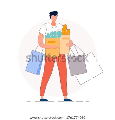 Groceries shopping. Isolated vector buyer man person cartoon character holding shopping bags with groceries purchases. Supermarket store shopper concept
