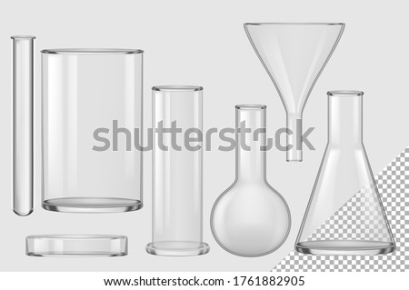 Glass flask. Isolated realistic empty chemical filter funnel, bulb, test tube, beaker, petri dish collection. Vector chemistry and biology laboratory glass flask glassware equipment