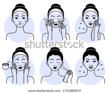 Face skincare set. Isolated woman cleansing, washing face, applying facial spray cosmetic and cream to healthy skin line drawing icons. Vector girl beauty face skincare treatment, hygiene procedure
