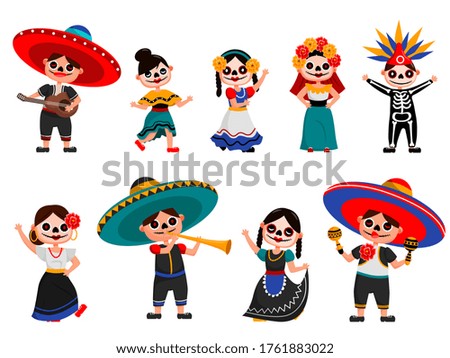 Mexican skeleton party set. Isolated Mexican people cartoon characters in spooky traditional costumes dancing, playing music, celebrating day of the dead holiday. Skeleton party celebration tradition