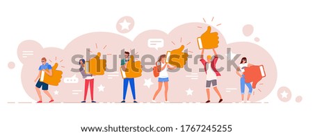 Customer review. Different people giving online review rating and positive or negative feedback Customer character holding thumbs-up and thumbs-down sign set. Survey and support vector illustration