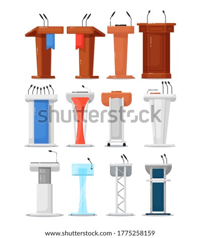 Tribune icon set. Isolated debate podium tribune with microphone icon collection. Vector wooden and metal conference rostrum stand. Business speech, communication and presentation concept