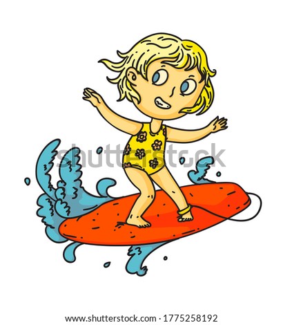 Kid surfing. Isolated child girl surfing on surf board on sea or ocean wave. Vector kid person cartoon character standing on surfboard icon. Summer vacation sport drawing