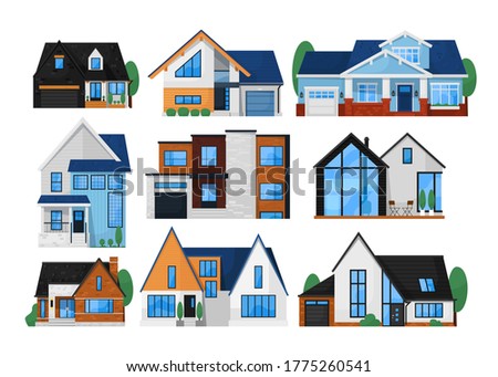 House exterior front set. Isolated residential city building icon. Modern cottage house exterior front view collection. Vector home architecture