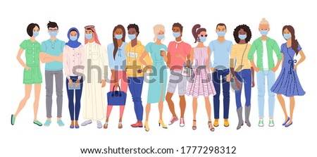 Multi ethnic people in protection masks. Isolated casual men and women cartoon character group standing together during corona virus epidemic. Multi-ethnic crowd. Vector multiethnic people society