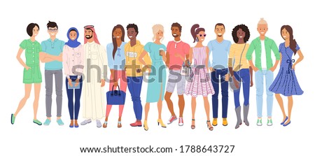 Multiethnic people. Isolated casual young adult men and women cartoon character citizen group standing together. Interracial and multi-ethnic couple crowd. Vector diverse multiethnic people society