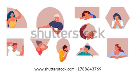People neighbor. Happy smiling positive man and woman neighbor isolated set. People neighbor in vector different shaped frame. Stay home, keep social distancing and human communication