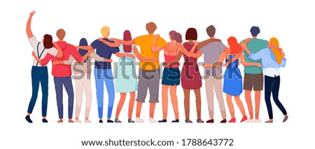 Happy people. Diverse multi-ethnic people character group hugging standing together back view. National cohesion, solidarity and unity illustration. International friendship communication vector