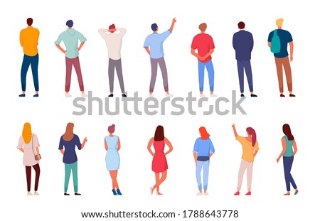 People character. Man and woman view from back set isolated on white background. Young human person diversity. Businesspeople, student, worker set. Vector people standing character illustration