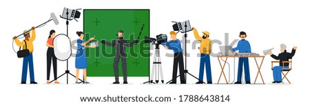 Movie production scene. Isolated film production people crew making movie. Film director man, actor person, camera operator shooting, lighting technician woman, sound designer vector illustration