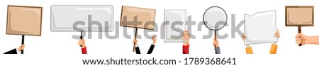 Hands holding placards. Isolated activist person hand holding blank sign, placard and banner set. Vector empty protest message posters. Demonstration and political announcement concept Stockfoto © 