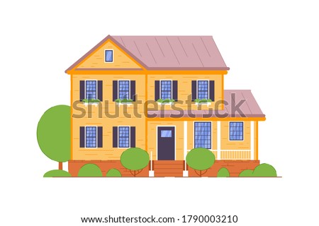 Guest house. Small brick two-storied guest house with terrace icon isolated on white background. Detailed lodging and accommodation element vector illustration
