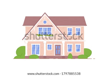 Countryside house. Two-storied classical architecture countryside or suburban house building icon isolated on white background. Real estate, dwelling mortgage in suburb vector illustration