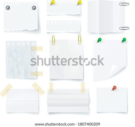 Note paper. Crumpled, torn, folded and checkered blank empty note paper sheet attached or stuck by adhesive tape, push pin, clip on white wall. Mood board element illustration. Vector template design