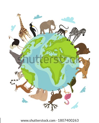 World animal day. Vector earth globe planet and wild animal around on white. Wildlife sanctuary, shelter promotion. Worldwide continent fauna saving from extinction. World environment day illustration