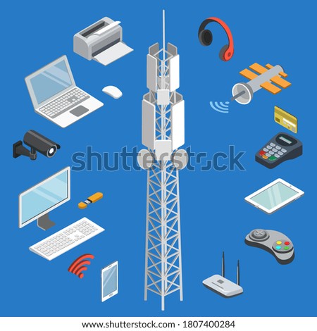 Wireless technology. Telecommunication and wireless infographic connection technology. Vector isometric modern digital gadget conductor point, communication satellite and cell tower illustration