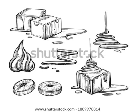 Caramel sauce and candy set. Isolated flat hand drawn sweet dessert food collection. Toffee cube sketches. Pouring liquid sugar caramel sauce cream vector illustration
