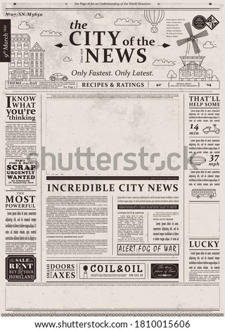 Newspaper page. Daily news old paper front page design background. Vintage newspaper articles text template vector illustration