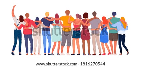 Happy people. Diverse multi-ethnic people character group hugging standing together back view. National cohesion, solidarity and unity illustration. International friendship communication