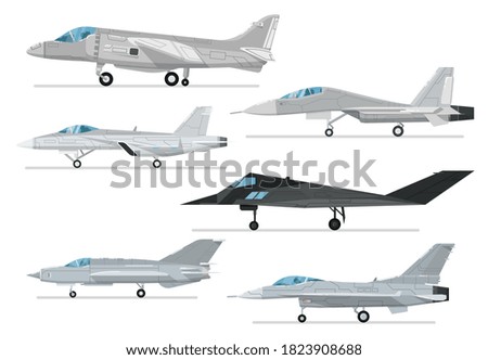Reactive jet collection. Vector fighter aircraft and bomber, supersonic combat airplane and jet plane object isolated set. Military aviation different type illustration. Army air force collection