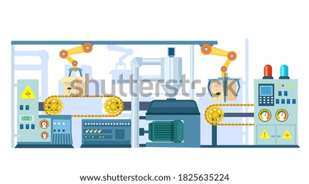 Factory machines. Industry production process. Factory robot machinery system. Manufacturing automation technology and industrial engineering machines vector illustration