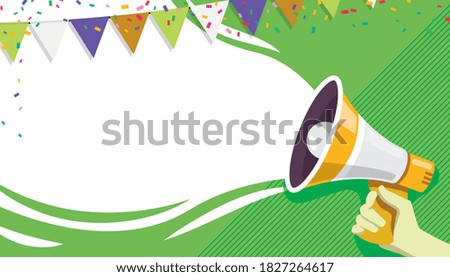Announce banner. Welcome, announce, promotion, invitation grand opening banner or poster illustration. Vector hand holding megaphone or loud speaker. Copy space for text, flag garland decoration