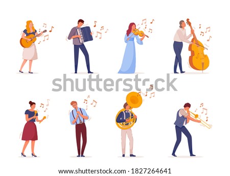 Young people play musical instruments vector illustration. Musical band of cellist, guitarist, trumpeter and other isolated musician on white background. Cartoon character talend artist