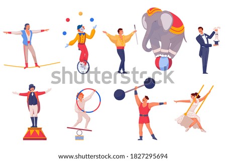 Circus performers are jugglers, acrobats, elephant, magicians and clowns vector illustration. Cartoon characters of isolated people performing circus and acrobatic tricks on white background.