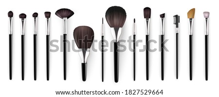 Realistic cosmetics brush for makeup, beauty and fashion industry equipment isolated on white background. Different types tools of make up brushes for face, eyelashes, eyebrows and eyes.