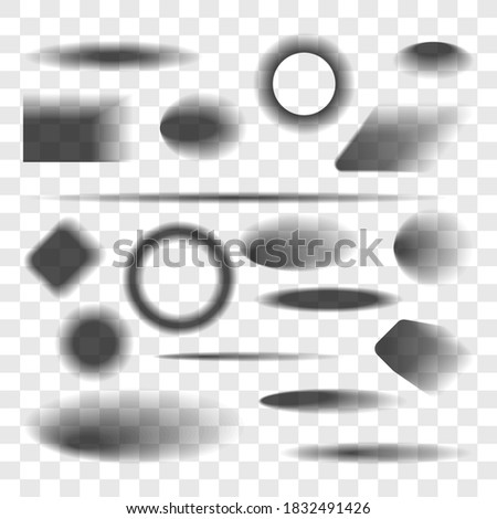 Shadow shape set. Isolated flat gradient transparent shadow effect with soft edge icons. Round, square, line, ring, angle, oval shape template collection. Graphic element vector illustration