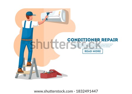 Air conditioning repair. Repairman technician man repairing air conditioner. Air conditioning unit repair and maintenance professional service banner vector illustration