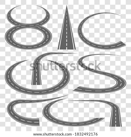 Highway track. Vector roads in perspective illustration. Bended asphalt pathway road curved city street. Curved, straight, turn, rounded roadway isolated object set on transparent background
