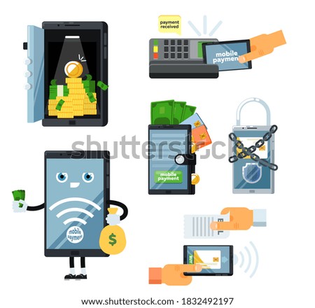 Mobile banking. Online mobile and internet banking vector icon isolated set. Cashless society, wireless security transaction and keeping savings, business finance pay via smartphone illustration