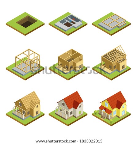 House construction site set. Isolated isometric house building stage icons. Home construction process collection. Cottage structure foundation, roof, wall architecture vector illustration