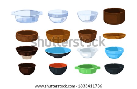 Glass, plastic, wooden and ceramic bowl isolated on white. Vector mixing chalice, heat resistant stoneware, kitchenware, potted bowl, crockery utensil for cooking and food preparation illustration