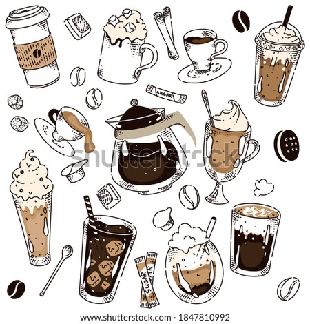 Different coffee kind hand drawing chalkboard layout. Hot espresso, americano, iced, irish, latte, cappuccino, frappe, bean, sugar stick, cinnamon in glass or takeaway cup vector illustration on white