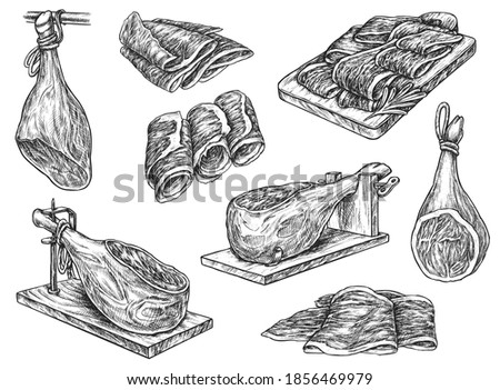 Spanish jamon leg on stand and ham meat slices isolated sketch. Pork meat snack with jamon, prosciutto, bacon roll and strips on vintage engraving vector illustration