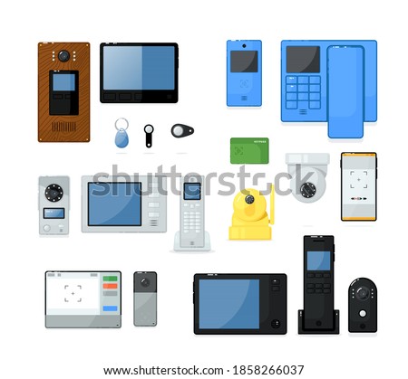 Video intercom on-door communication equipment for house set. Security camera, voice speaker, magnet key and keypad, access display panel, telephone vector illustration isolated on white background