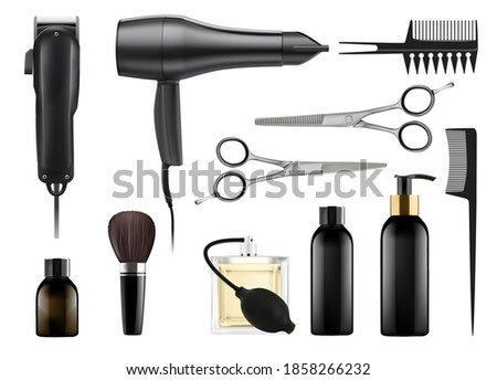 Barber and hairdresser professional tool for beauty salon. Realistic shaving machine, hair dryer, brush, perfume, scissors, shampoo, conditioner, comb vector illustration isolated on white background