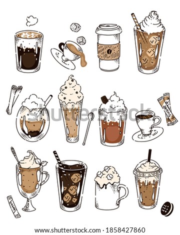 Esbozo de tiza de garrapatas con varios tipos de recetas de café. Americano, cappuccino, frappe, espresso, glaze, irlandés, frappe en fila con frijol de café, azúcar, ilustración de galletas sobre fondo blanco