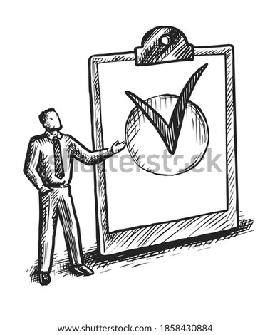 Checkmark service. Man standing near clipboard with checkmark approval and agreement symbol. Verified, approved service icon. Reliability and customer satisfaction guarantee illustration