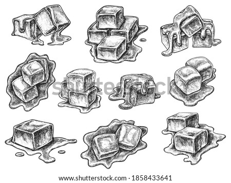 Melted toffee caramel confection engraved sketch set. Hand drawn sweet dessert candy cube or square fudge piece for menu assortment or package design vector illustration isolated on white background
