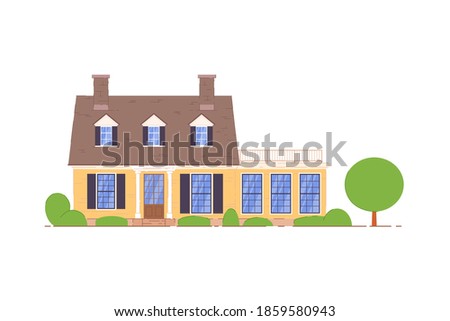 Countryside home. Private countryside house with terrace and mansard icon. Home apartment isolated on white background. Residential property or dwelling real estate illustration