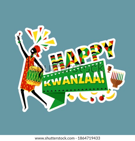 Happy Kwanzaa celebration background. Black woman person with drum celebrating Kwanzaa holiday. African American culture tradition decoration design vector illustration